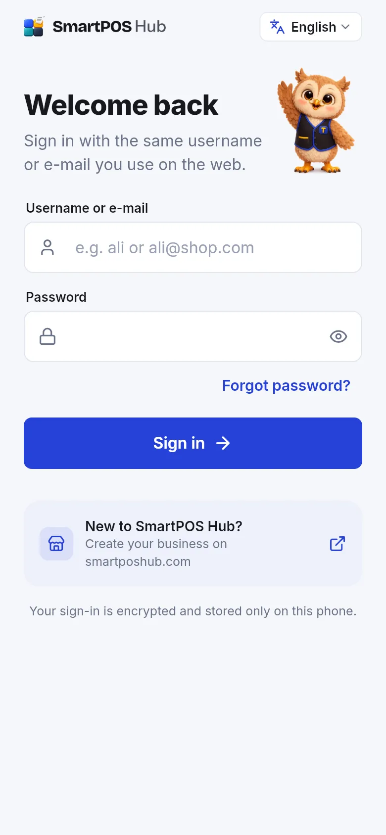 SmartPOS Business sign-in screen with Username or e-mail and Password