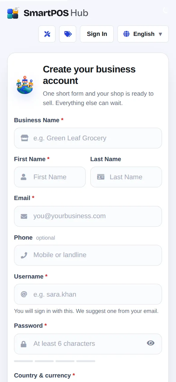The sign-up form on a phone screen