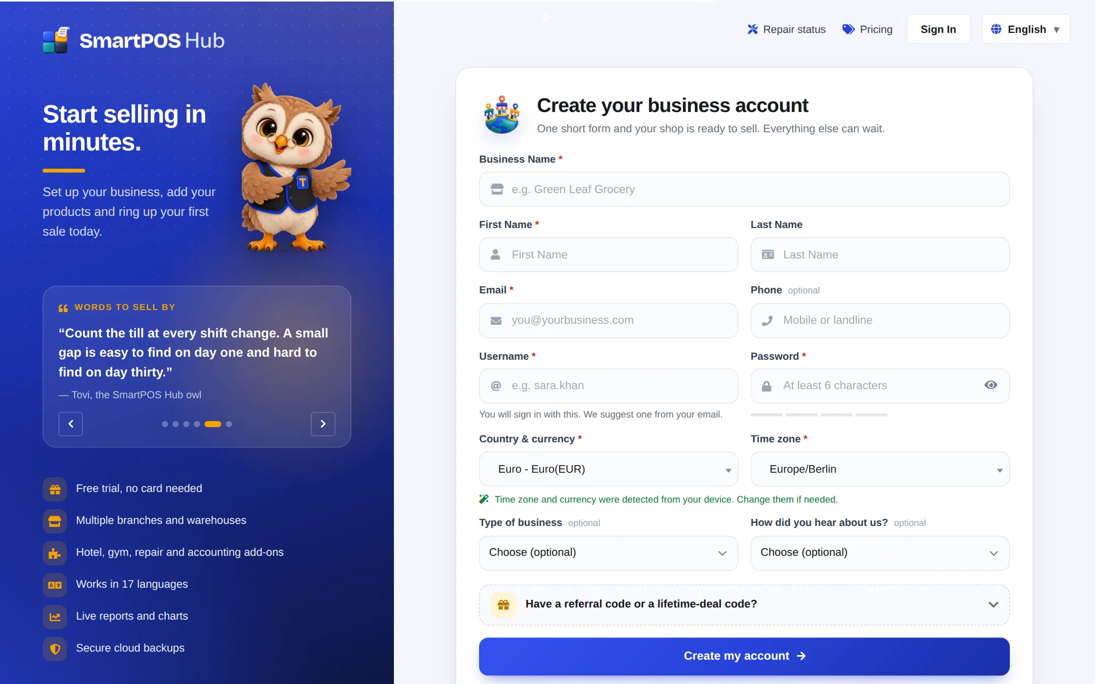 Create your business account form with Business Name, First Name, Email, Username, Password, Country and currency, Time zone and Type of business fields