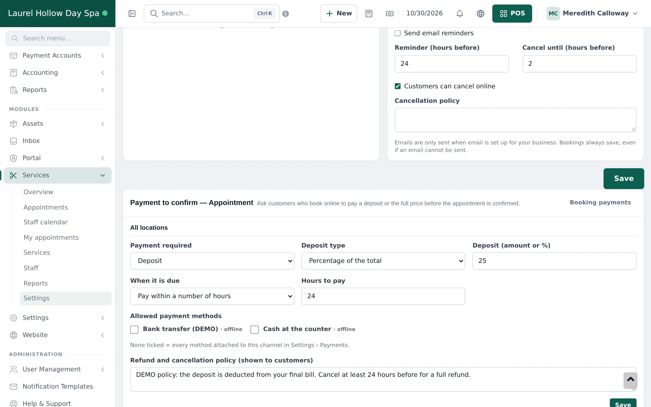 Payment to confirm appointment card with deposit, percentage of the total 25, pay within 24 hours, allowed payment methods and a refund and cancellation policy