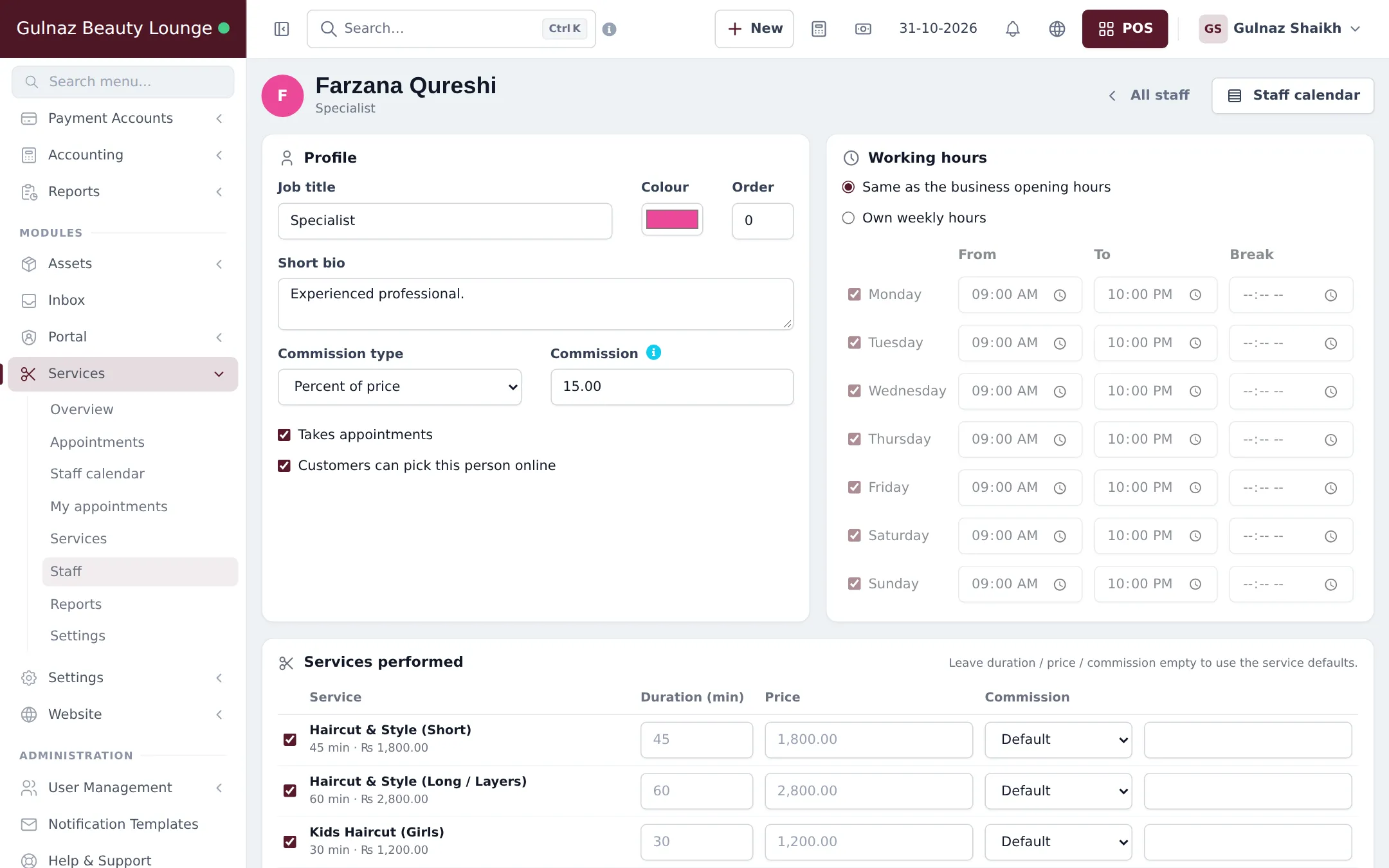 Staff page for a specialist with profile, commission type percent of price at 15, takes appointments and online options ticked, working hours for each weekday and services performed with duration, price and commission boxes