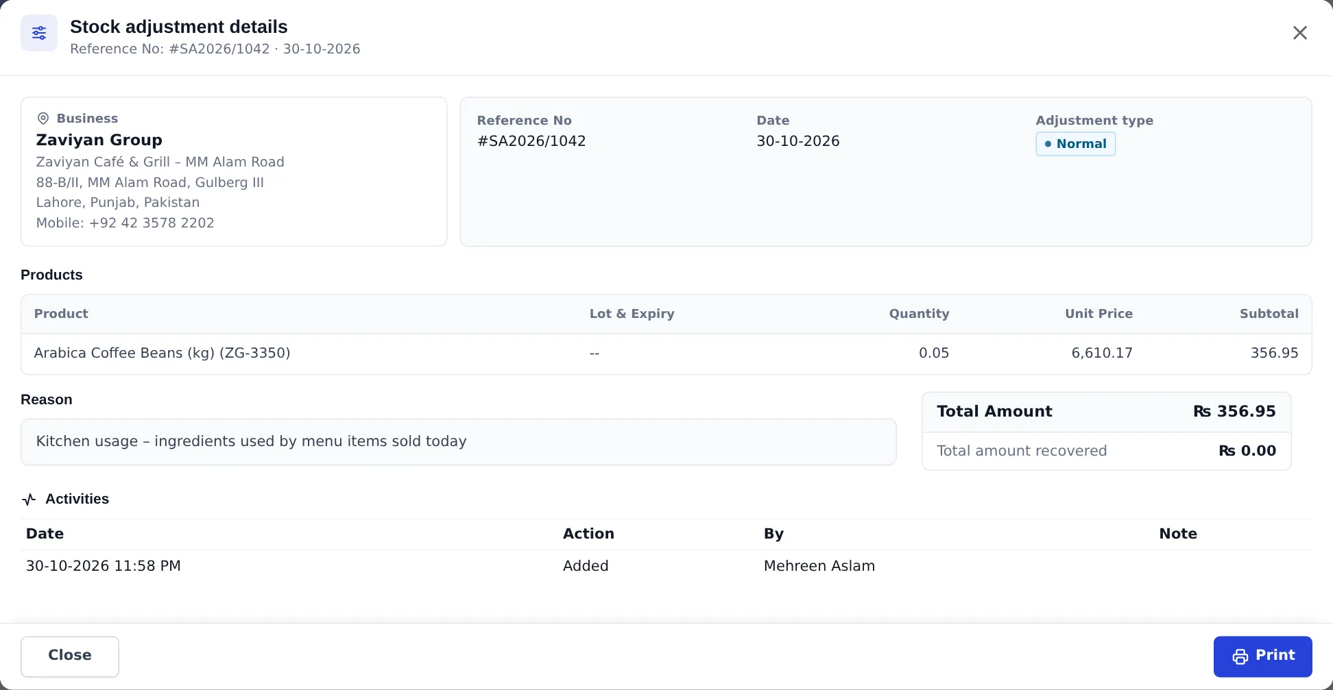 Stock adjustment details with location, Normal type, product line, reason and total amount