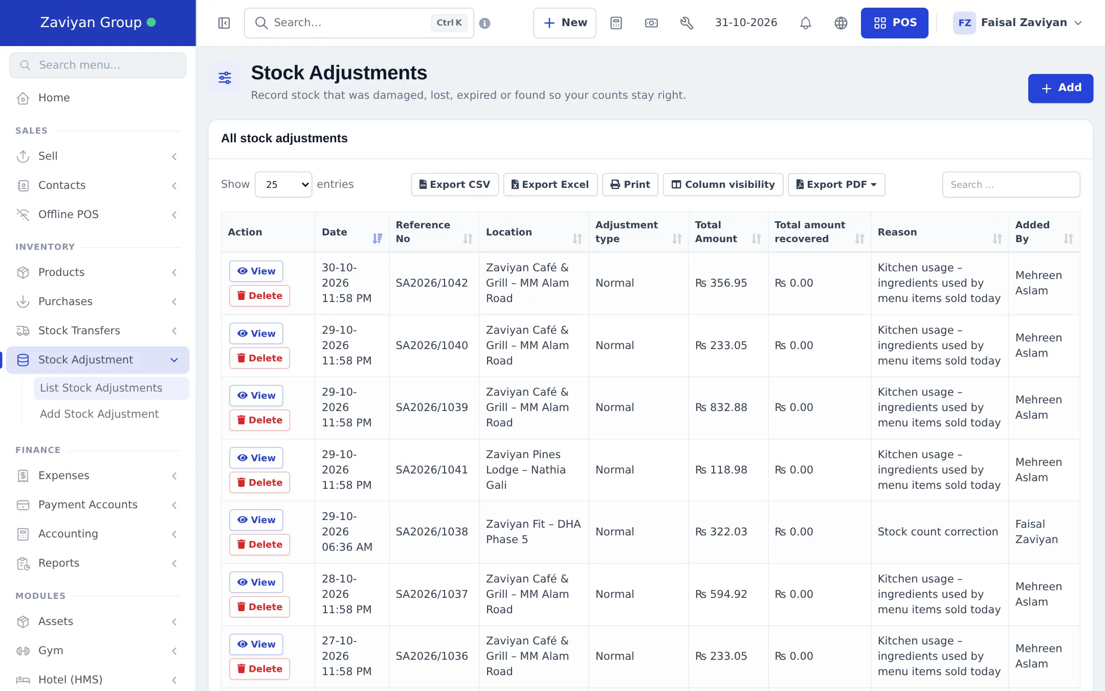 List of stock adjustments with dates, reference numbers, locations, adjustment type and totals