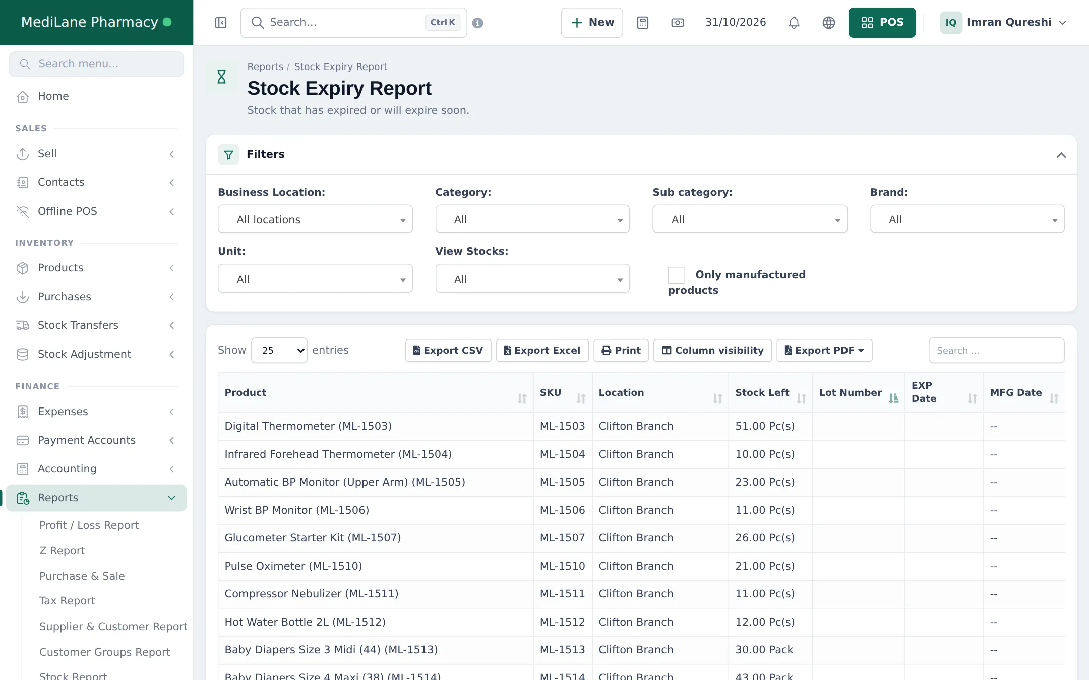 Stock Expiry Report with filters for location, category, sub category, brand, unit and view stocks, and a table of products with stock left, lot number and dates