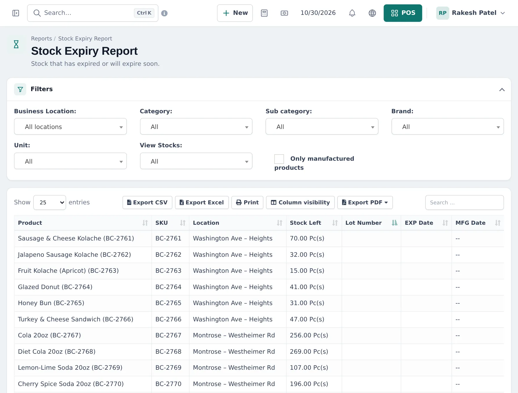 Stock Expiry Report with filters for location, category, brand and unit and a list of bakery and drink products with stock left, lot number, expiry and manufacturing dates