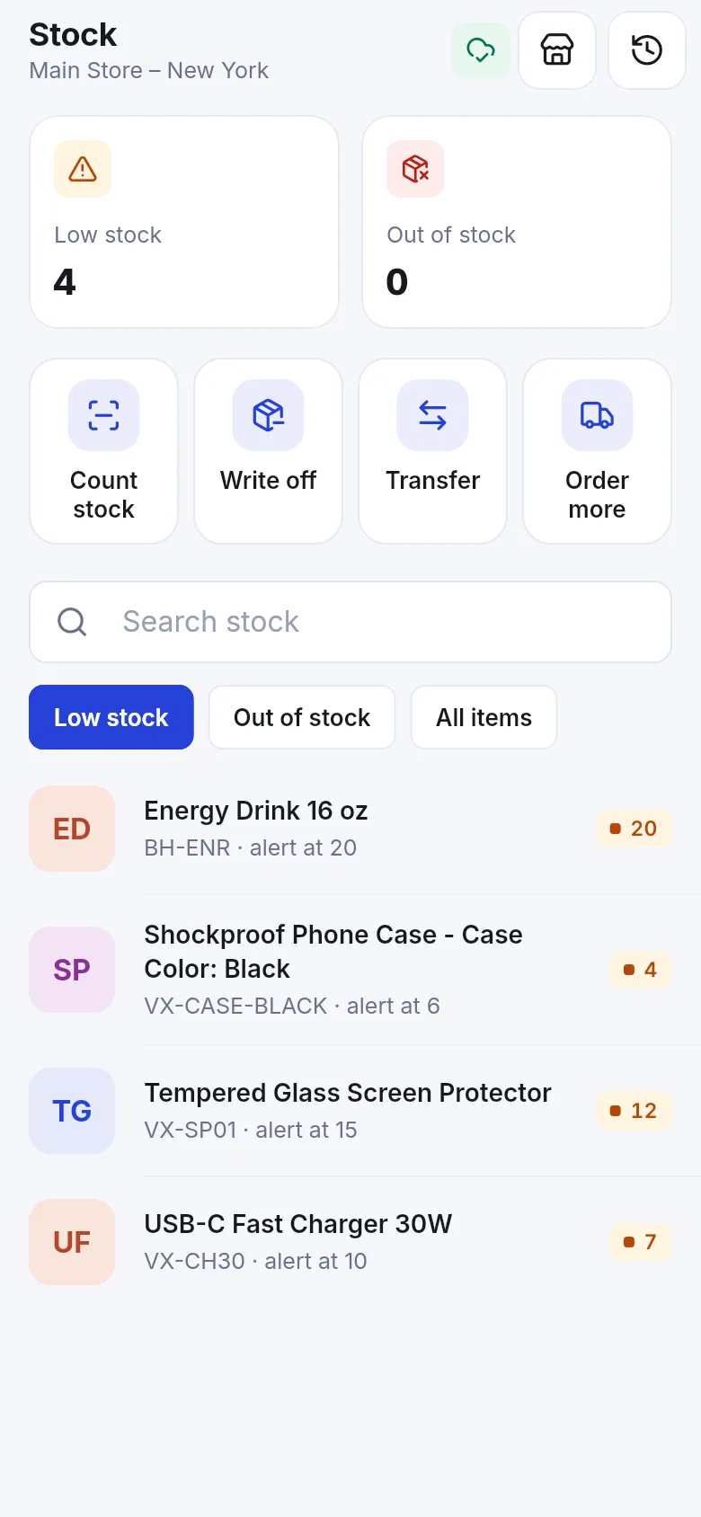 Stock home in the SmartPOS Business app with low stock and out of stock cards and Count stock, Write off, Transfer and Order more buttons