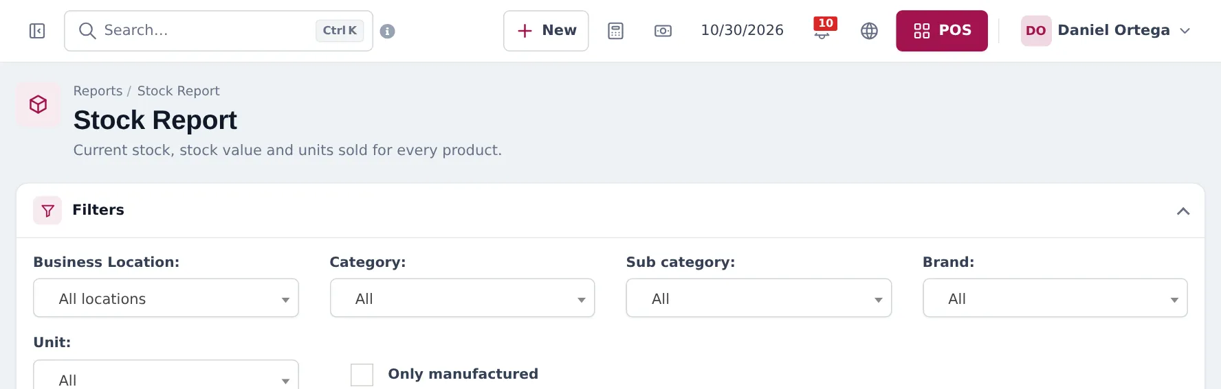 Stock Report with filters and totals for closing stock by purchase price, by sale price, potential profit and profit margin