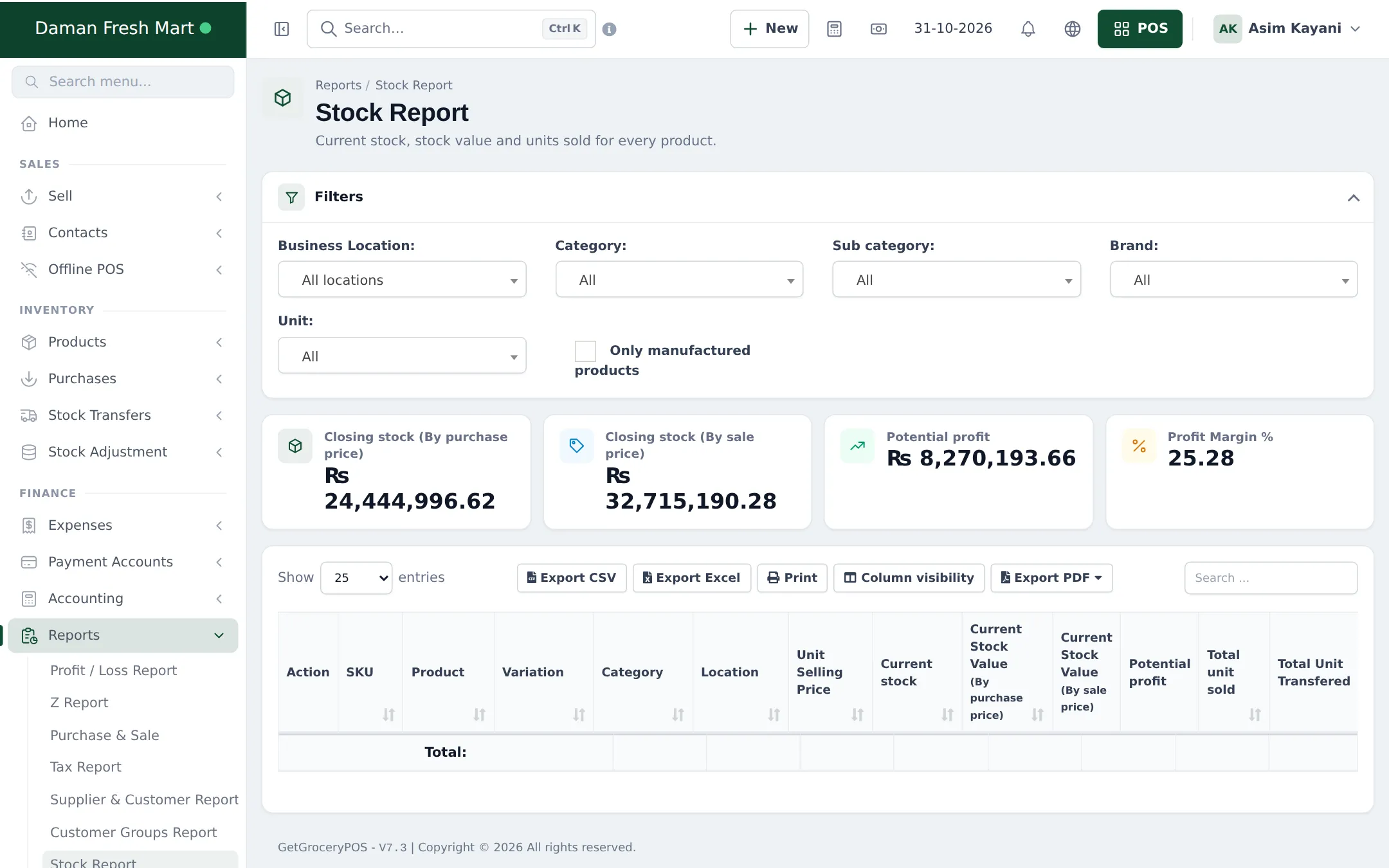 Stock Report with filters and closing stock by purchase price, by sale price, potential profit and profit margin