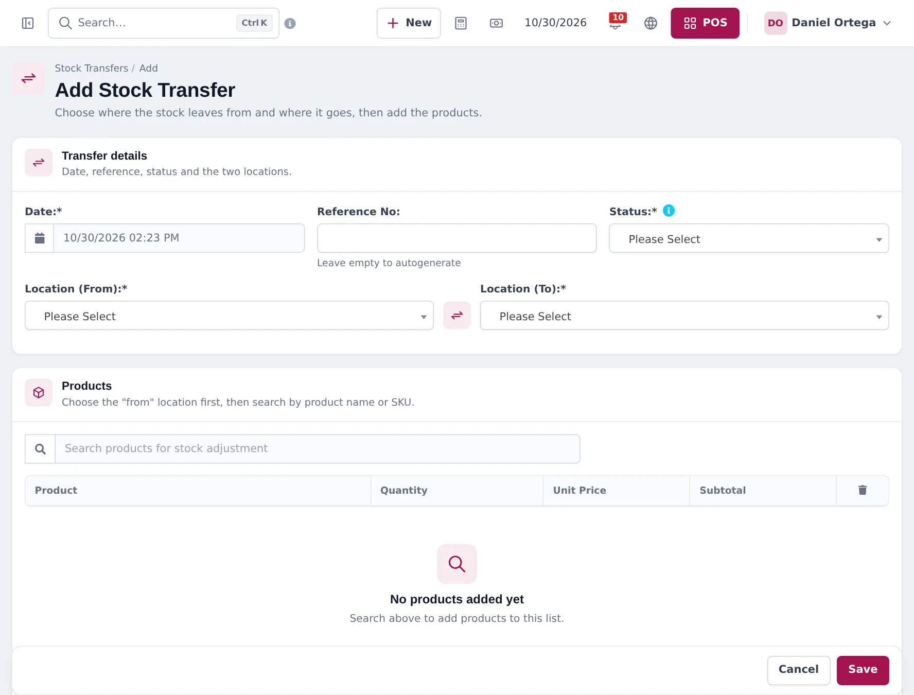 Add Stock Transfer form with date, reference number, status, location from and location to, and a product search