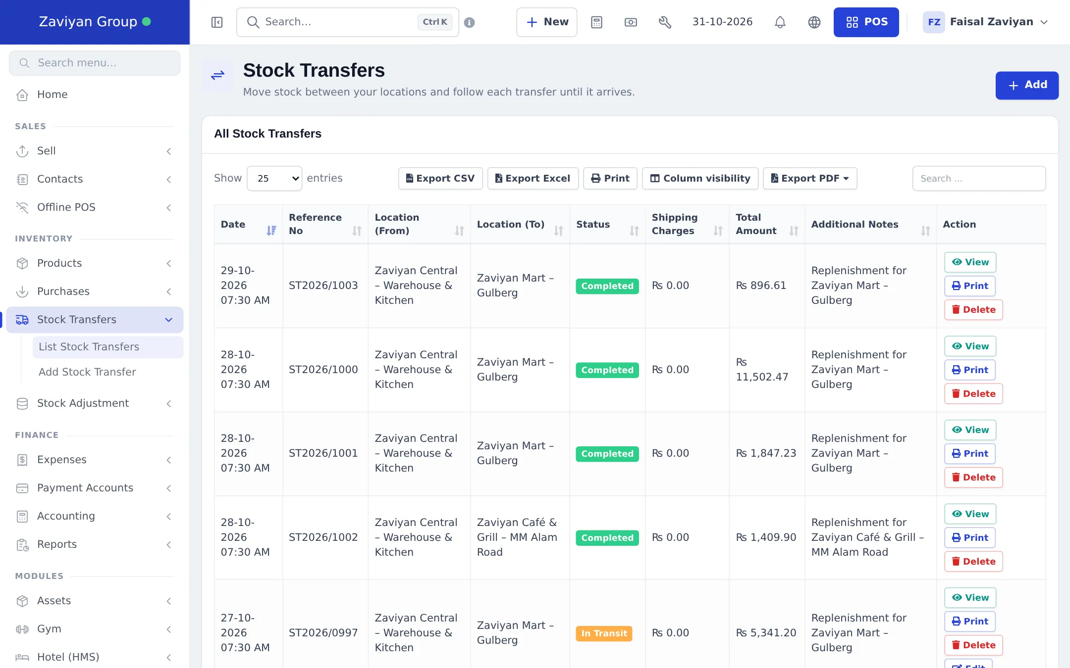 Stock Transfers list with completed and in-transit transfers from the warehouse to branches and View, Print and Delete buttons