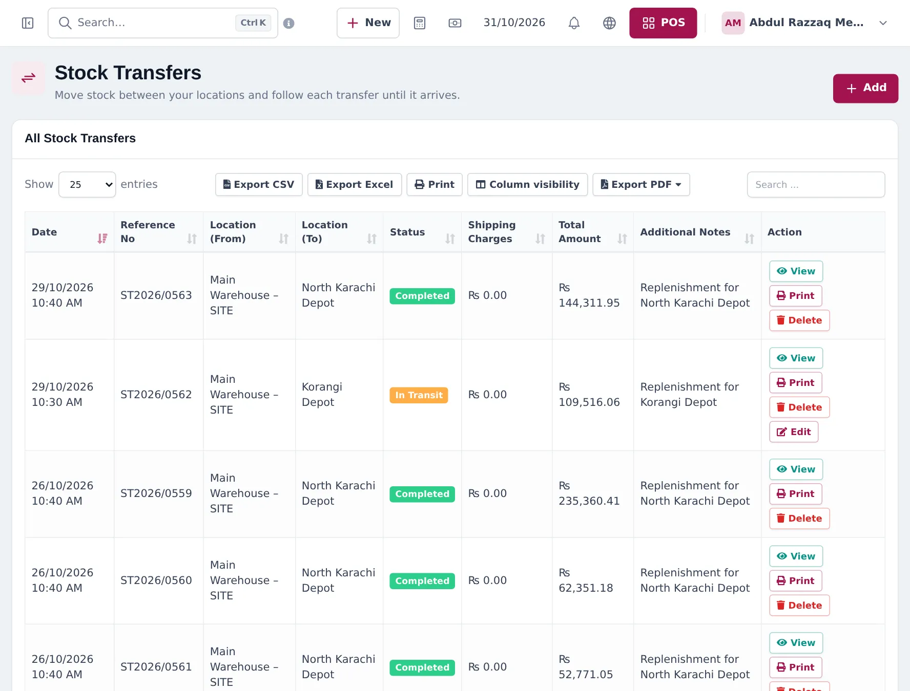 Stock Transfers list with transfers from Main Warehouse – SITE to North Karachi Depot and Korangi Depot, statuses Completed and In Transit, amounts and notes