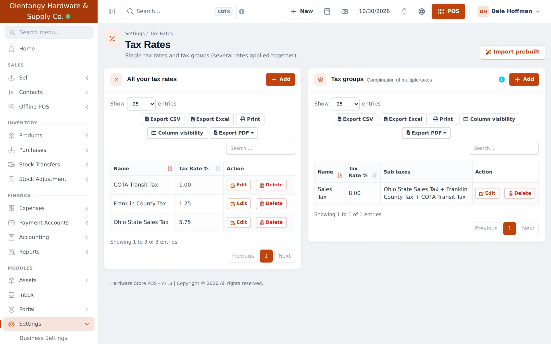 Tax Rates page with three tax rates, COTA Transit Tax 1.00, Franklin County Tax 1.25 and Ohio State Sales Tax 5.75, and a tax group Sales Tax 8.00 combining them