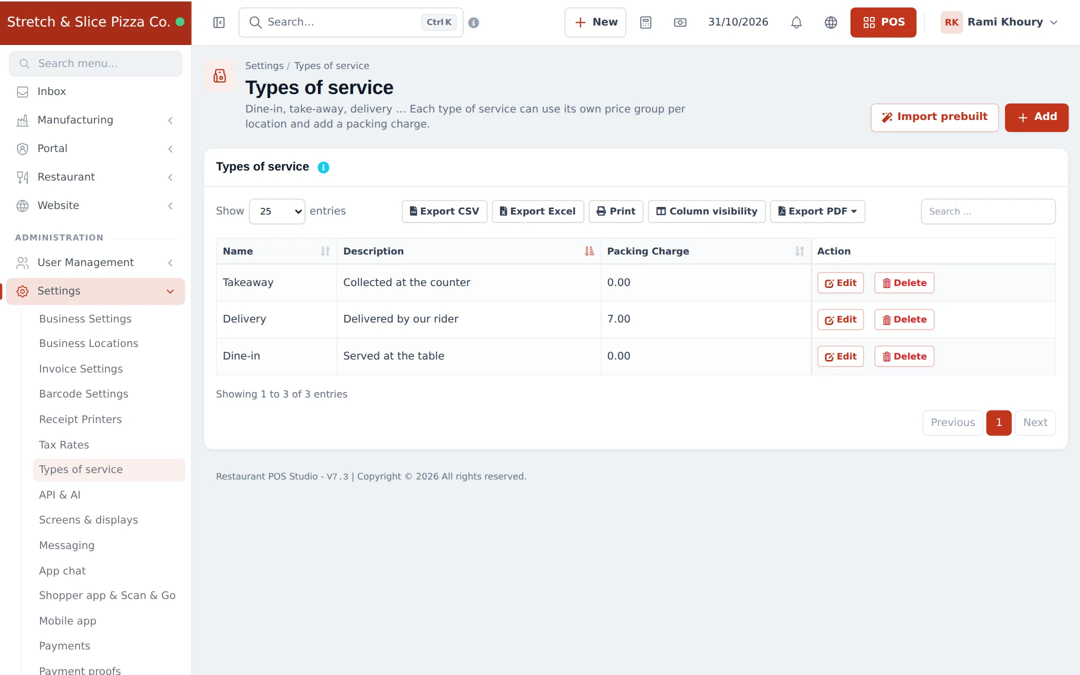 Types of service list with Takeaway, Delivery with a packing charge, and Dine-in