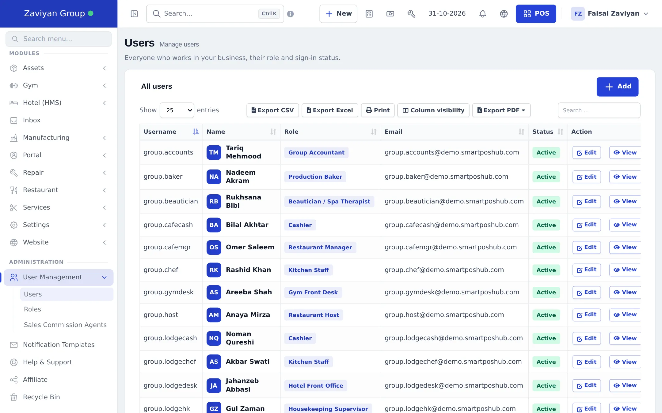 Users list with names, usernames, role badges and Active status