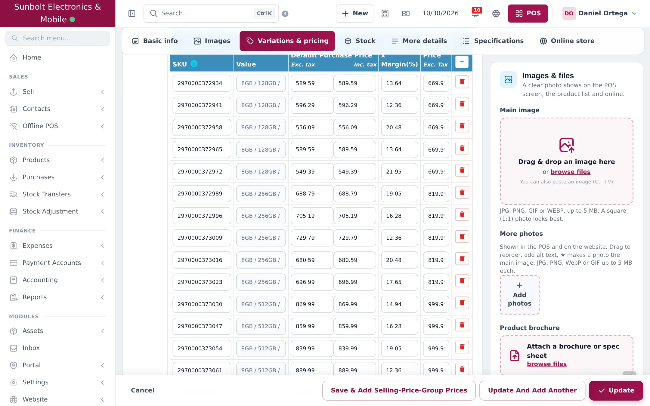 Variations and pricing tab with a table of variants, each with its own SKU barcode, value such as 8GB / 256GB, purchase price, margin and selling price