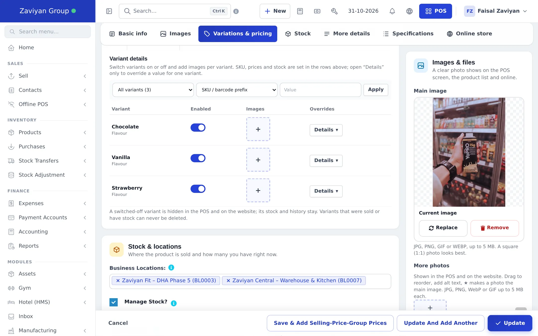 Variant details table for Chocolate, Vanilla and Strawberry flavours with Enabled switches, image upload boxes and Details buttons, plus the bulk editor with All variants (3), SKU / barcode prefix and Apply