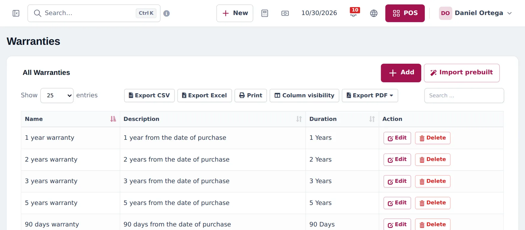 Warranties list with 1 year, 2 years, 3 years, 5 years and 90 days warranties, their descriptions and durations
