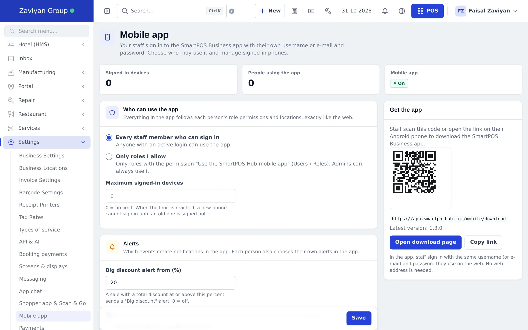 Settings › Mobile app page with Who can use the app options, Maximum signed-in devices, Alerts and a Get the app QR code
