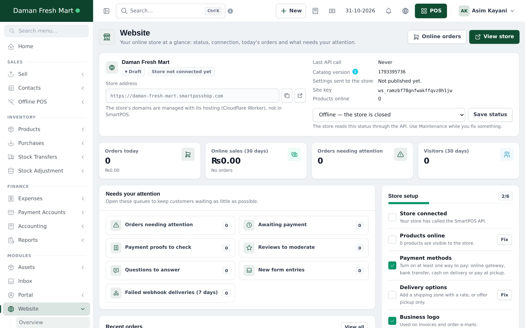 Website overview with store address, status, orders today, online sales, orders needing attention and a store setup checklist