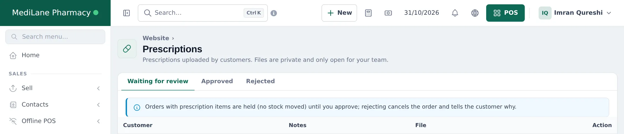 Website Prescriptions page with Waiting for review, Approved and Rejected tabs and a note that orders with prescription items are held until approval