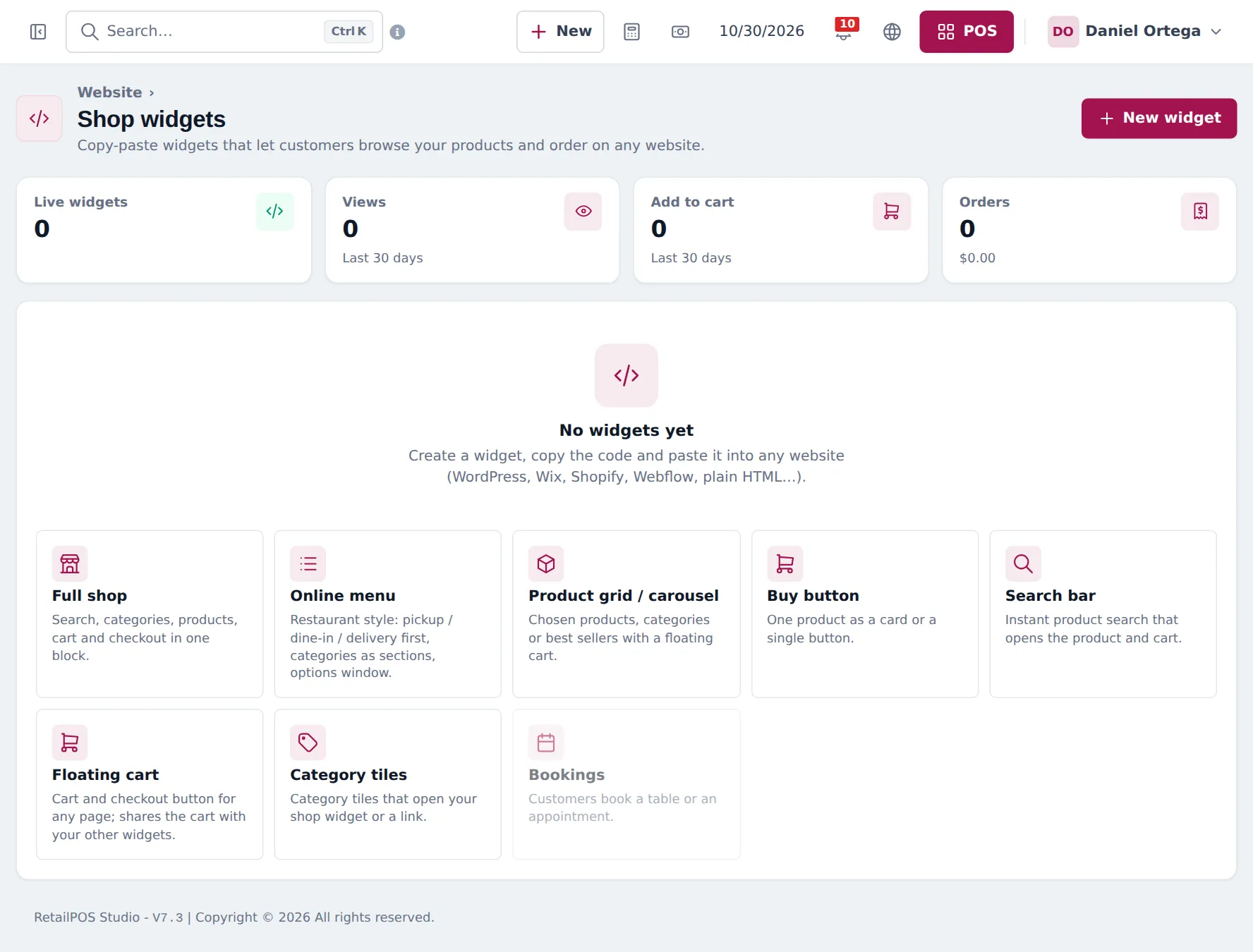 Shop widgets page with live widgets, views, add to cart and orders counters, and widget types Full shop, Online menu, Product grid or carousel, Buy button, Search bar, Floating cart, Category tiles and Bookings