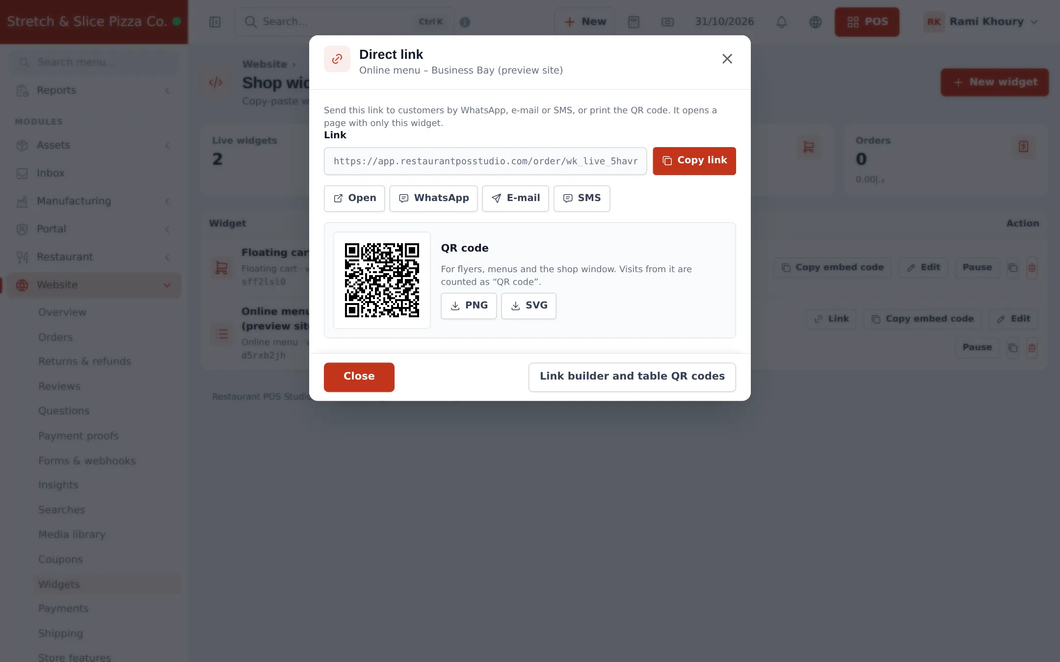 Direct link window with the order page link, Copy link, WhatsApp, E-mail and SMS buttons, and a QR code with PNG and SVG downloads