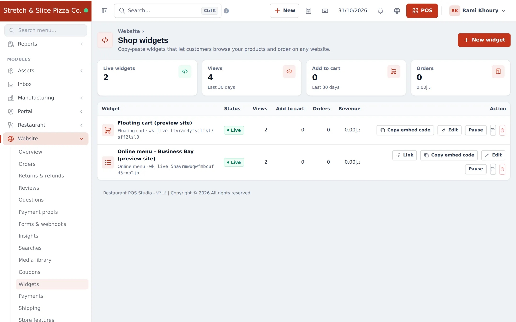 Shop widgets list with a Floating cart and an Online menu widget, both Live, with views, add to cart, orders and revenue