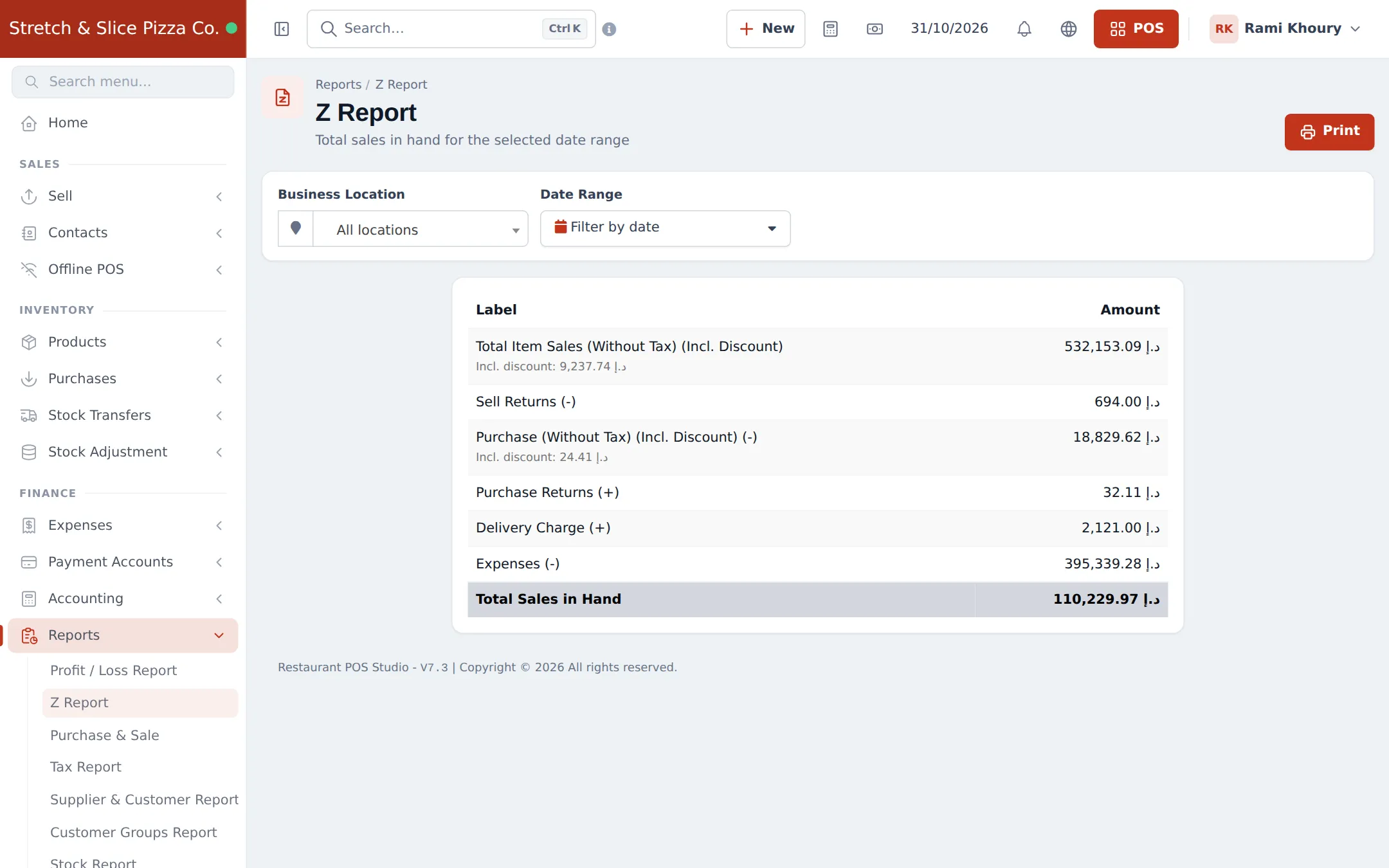Z Report with total item sales, sell returns, purchases, purchase returns, delivery charge, expenses and total sales in hand
