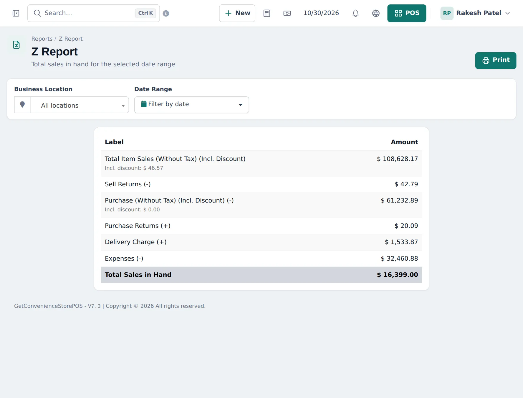 Z Report with business location and date range and totals for item sales, sell returns, purchases, purchase returns, delivery charge, expenses and total sales in hand